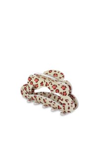 Clip per capelli a stampa leopardata in acrilico crema e rosso, con forme curve e molteplici chele per una presa sicura. Finitura superficiale liscia.