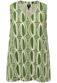 Groene mouwloze top met een herhalend wit geometrisch patroon. Ronde halslijn en zachte textuur, ontworpen voor een ontspannen pasvorm.