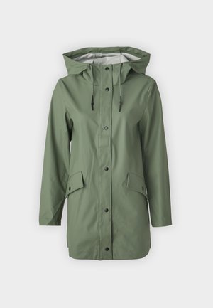 Water-resistant green rain jacket with a hood, snap buttons, two front pockets, and adjustable drawstrings. Smooth, minimalistic design.