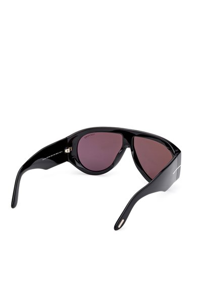 Black sunglasses with purple-tinted lenses, angular frame design, smooth texture, and silver accent near the temple.