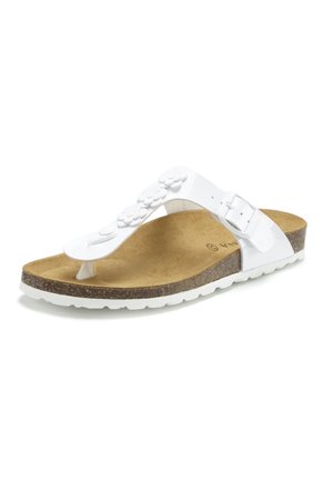 Weiße Leder-Thong-Sandale mit Blumendekorationen, verstellbarer Seiten-Schnalle, Kork-Fußbett und weißer strukturierter Sohle.