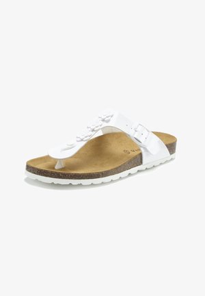 Weiße Leder-Thong-Sandale mit Blumendekorationen, verstellbarer Seiten-Schnalle, Kork-Fußbett und weißer strukturierter Sohle.