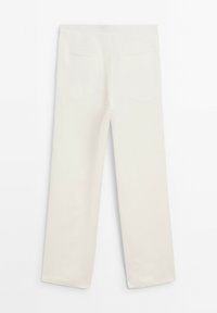 White straight-leg trousers with a smooth texture, featuring two rear pockets and a clean, simple design. No visible hardware or patterns.
