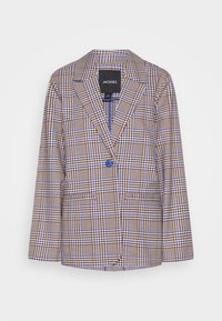 Jednobotonový károvaný blazer s modro-hnědo-bílým vzorem, s klopami, dlouhými rukávy a předními cvokovými kapsami.