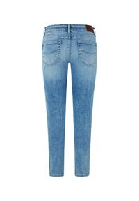 Ljusblå denimjeans med slim fit, som har två bakfickor, en midja med en brun läderdetalj och en rak bendesign.