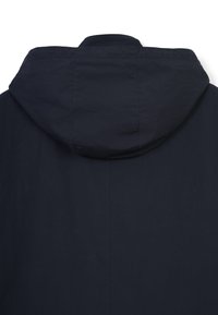 Navy blue hooded jacket featuring a simple design, smooth texture, and visible stitching accents on the back and shoulders.