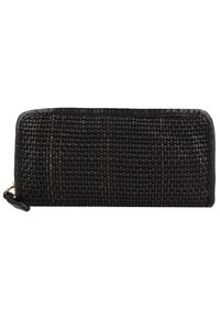 Portafoglio nero intrecciato con superficie testurizzata e dettagli in pelle liscia, dotato di chiusura a zip e sottili strisce diagonali.