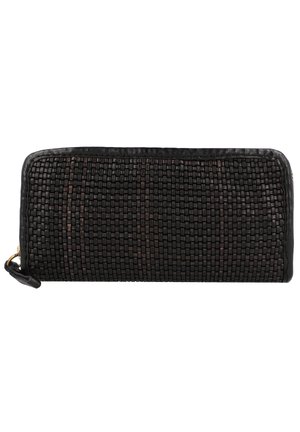 Black woven wallet with a textured surface and smooth leather accents, featuring a zip closure and subtle diagonal stripes.