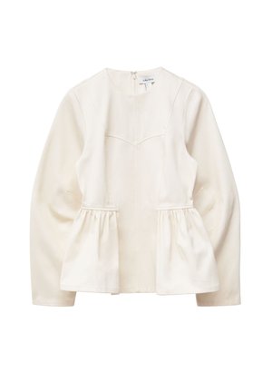 Helles cremefarbenes Peplum-Oberteil mit langen Ärmeln, rundem Halsausschnitt und Reißverschluss. Glattes, strukturiertes Gewebe mit vertikalen Nahtdetails.