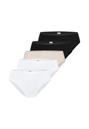 Cinq culottes pour femmes en noir, beige et blanc, disposées en pile décalée sur un fond blanc.