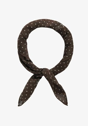 Ruskea pilkullinen huivi, joka on valmistettu kevyestä kankaasta, ja siinä on klassinen neliön muoto. Se on solmittu silmukaksi, jossa on kapenevat päädyt.