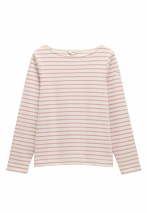 Long-sleeve shirt made of cotton with pink and white horizontal stripes. Features a scoop neckline and a small logo patch on the sleeve.