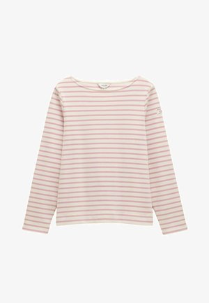 Long-sleeve shirt made of cotton with pink and white horizontal stripes. Features a scoop neckline and a small logo patch on the sleeve.