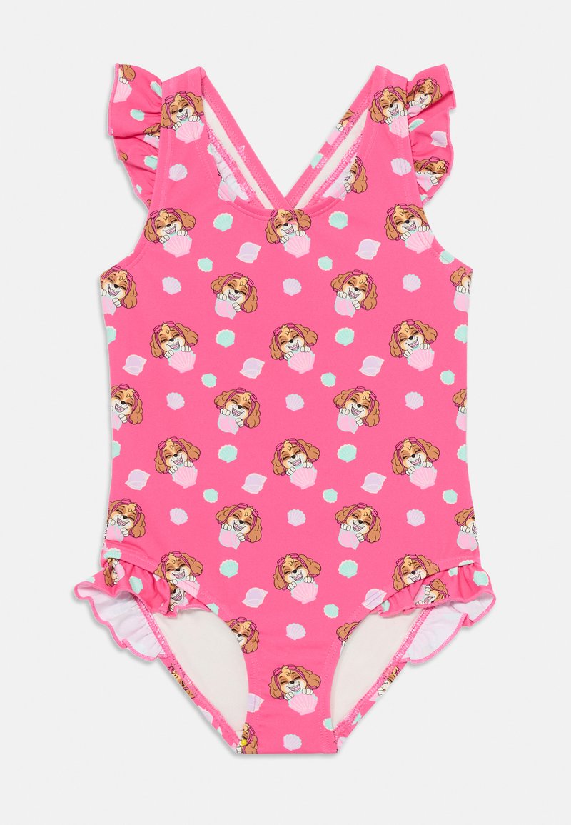 Rosa baddräkt med volangaxelband som har ett upprepat mönster av tecknade hundar och cupcakes, mjukt tyg och en utvidgad benöppning.