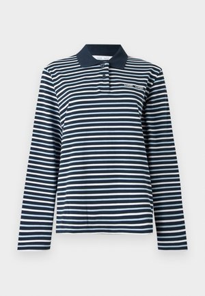 Langærmet polo i marineblå og hvide striber, bomuldsmateriale, med en knappet krave og et lille logo på brystet.