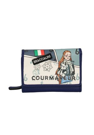 Blauwe en witte portemonnee met leren textuur, voorzien van een cartoonafbeelding, Italiaanse vlag en verhoogde tekst "BRACCIALINI COURMAVEUR."