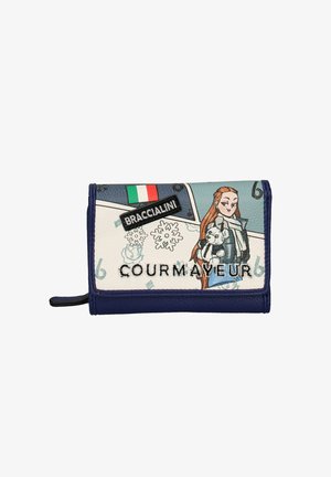 Blauwe en witte portemonnee met leren textuur, voorzien van een cartoonafbeelding, Italiaanse vlag en verhoogde tekst "BRACCIALINI COURMAVEUR."