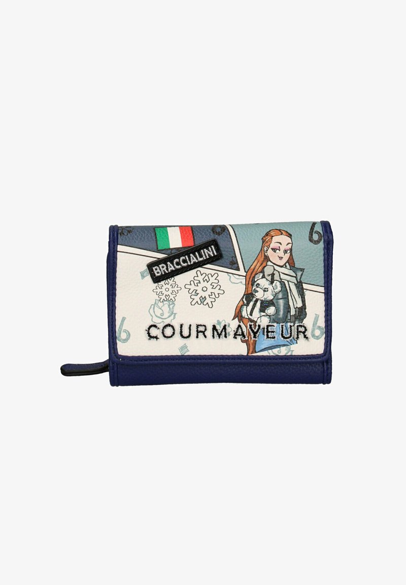 Portafoglio blu e bianco con texture in pelle, caratterizzato da una grafica cartoon, dal tricolore italiano e dalla scritta in rilievo "BRACCIALINI COURMAVEUR."