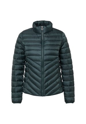Veste matelassée en vert foncé avec coutures en chevrons, col haut, fermeture éclair et poignet élastique. Matériau lisse et léger.