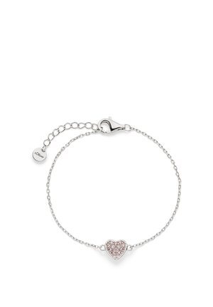 Silver chain bracelet with a pink crystal-encrusted heart charm and adjustable clasp, featuring a small brand tag on the extender chain.