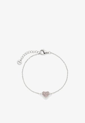 Silver chain bracelet with a pink crystal-encrusted heart charm and adjustable clasp, featuring a small brand tag on the extender chain.