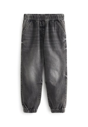 Pantalon en jean noir délavé à taille et chevilles élastiques avec poches latérales, présenté sur fond blanc.