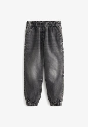 Pantalon en jean noir délavé à taille et chevilles élastiques avec poches latérales, présenté sur fond blanc.