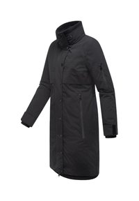 Abrigo largo negro con un alto cuello, bolsillos con cremallera, cierres a presión y puños elásticos. Fabricado con un material suave y duradero.