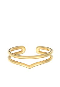Guld metalring med et åbent design bestående af to glatte, buede bånd, der danner en V-form i midten og afrundede kanter.