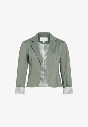 Zielona dopasowana marynarka wykonana z miękkiego materiału, z klapowanym kołnierzem, długimi rękawami z białymi paskowanymi mankietami oraz paskowaną podszewką.