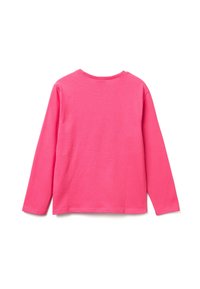 Langarm-T-Shirt aus leuchtend pinkem Baumwollstoff mit rundem Ausschnitt und einfacher, unifarbener Rückenansicht. Weicher Stoff.