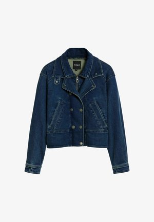 Giacca di jeans blu scuro con design aderente, zip frontale, bottoni doppi, due tasche laterali e colletto classico.