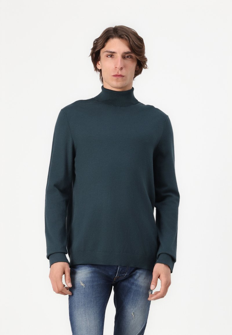 Pull à col roulé vert foncé, en tissu tricoté lisse, au design ajusté, avec des manches longues, des poignets et un ourlet côtelés, porté avec un jean bleu déchiré.