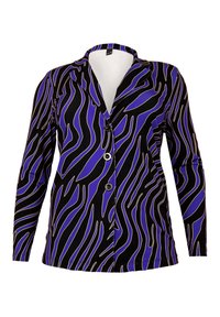 Blazer noir avec un motif ondulé violet et blanc, manches longues, col à revers et trois boutons à l'avant. Texture de tissu lisse.