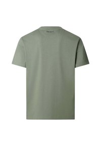 T-shirt a maniche corte verde oliva realizzata in morbido cotone. Presenta un collo rotondo e un design semplice e sobrio con orli cuciti.