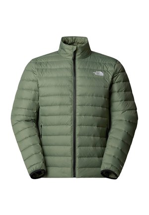 Green puffer jacket made of smooth fabric. Features a high collar, zippered front, and elastic cuffs. Includes two side pockets.