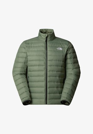 Green puffer jacket made of smooth fabric. Features a high collar, zippered front, and elastic cuffs. Includes two side pockets.