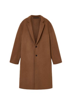 Hnedý kabát z vlnenej zmesi s výstrihom, jedným gombíkom a dlhými rukávmi. Hladká textúra s prispôsobeným strihom a čistými líniami.