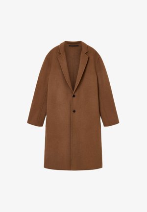 Casaco de mistura de lã castanho com colarinho de bico, fecho de botão único e mangas longas. Textura suave com um corte ajustado e linhas limpas.