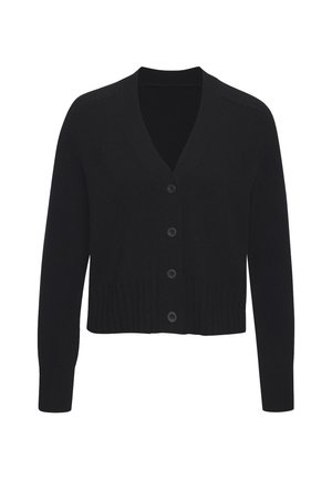 Schwarzer Strickcardigan mit V-Ausschnitt, langen Ärmeln und geripptem Saum, mit sechs schwarzen Knöpfen auf der Vorderseite und einer taillierten Silhouette.