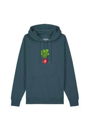 Dunkler türkisfarbener Kapuzenpullover mit Fronttasche und einer Grafik einer roten Beete mit grünen Blättern in der Mitte.