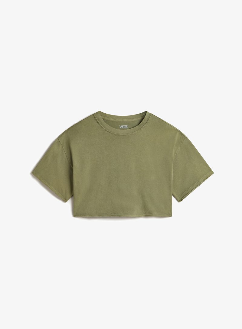 Camiseta corta de color verde oliva con cuello redondo y mangas cortas, hecha de tela suave, con costuras mínimas y sin estampados.