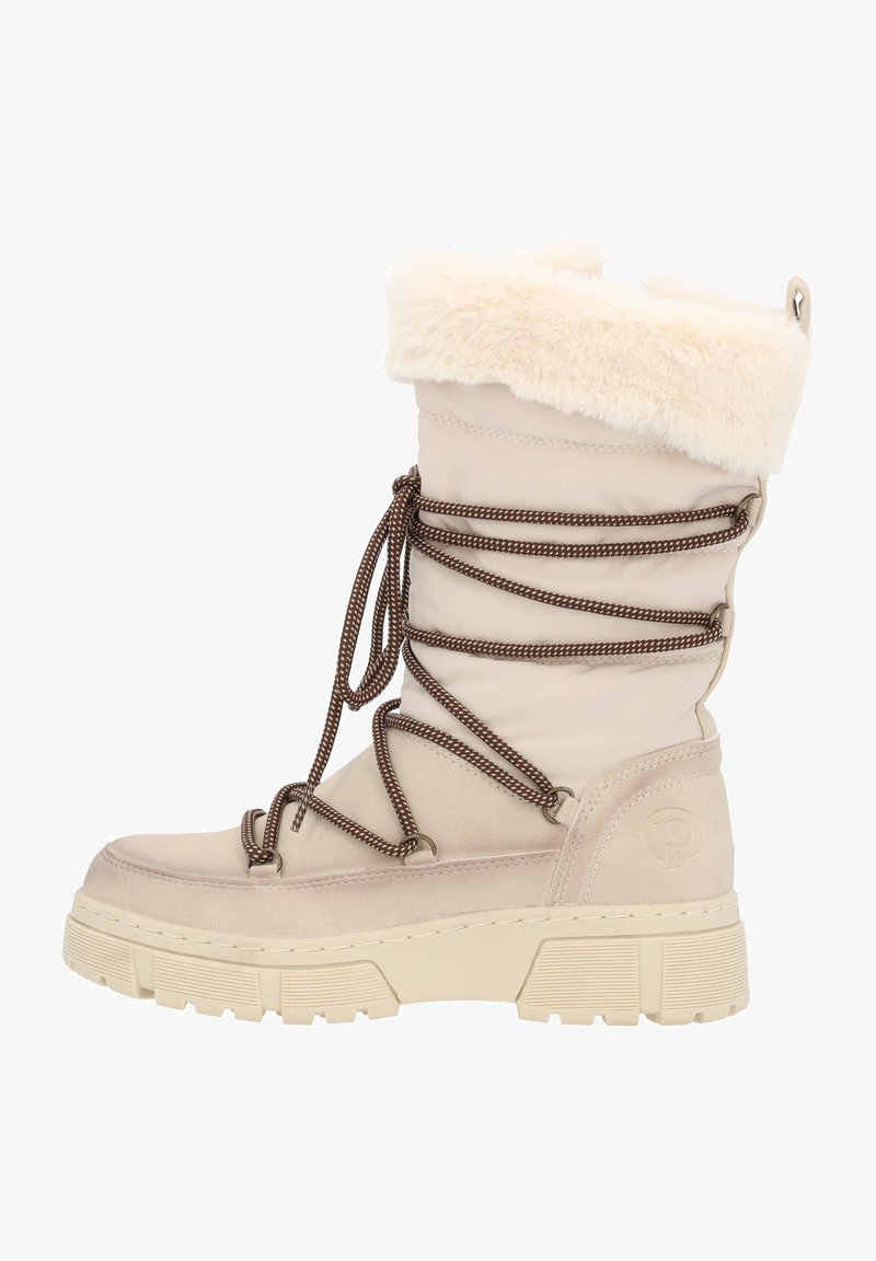 Beige Winterstiefel mit einem gefälschten Fellkragen, strukturiertem Obermaterial und braunen Schnürsenkeln. Verfügt über eine dicke Sohle für zusätzlichen Halt. Leichtes Design.
