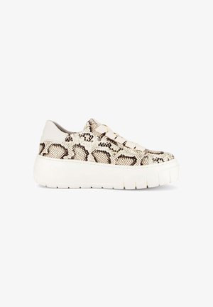 Low platform sneaker with cream and brown snake print upper and thick white sole, viewed from the outer side.