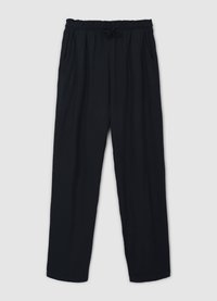 Pantaloni neri a gamba larga realizzati in tessuto leggero, con vita elastica dotata di coulisse e tasche laterali. Texture liscia.