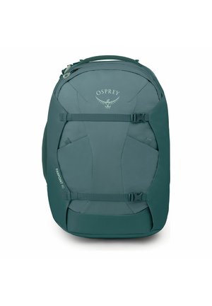 Zaino da viaggio Teal Osprey Farpoint 40 con maniglia superiore, due cinghie di compressione e scomparti frontali con cerniera.