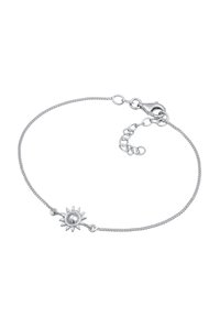 Silberarmband mit einem charm in Sonnenform und einer zentralen Perle. Die Kette ist zart und strukturiert, mit einem Karabinerverschluss und verstellbarer Länge.
