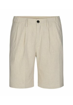 Beżowe spodenki z pionowymi niebieskimi prążkami, przodem z plisami, zapinane na pojedynczy guzik, z szlufkami na pasek. Wykonane z lekkiego materiału.