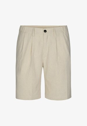 Pantalones cortos beige con rayas verticales azules, frente plisado, cierre con un solo botón y trabillas para cinturón. Hechos de un tejido ligero.