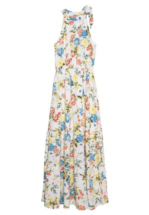 Hvid ærmeløs maxikjole med halterneck-sløjfe, pyntet med farverigt blomsterprint i blå, gul, rød og grønne blade.